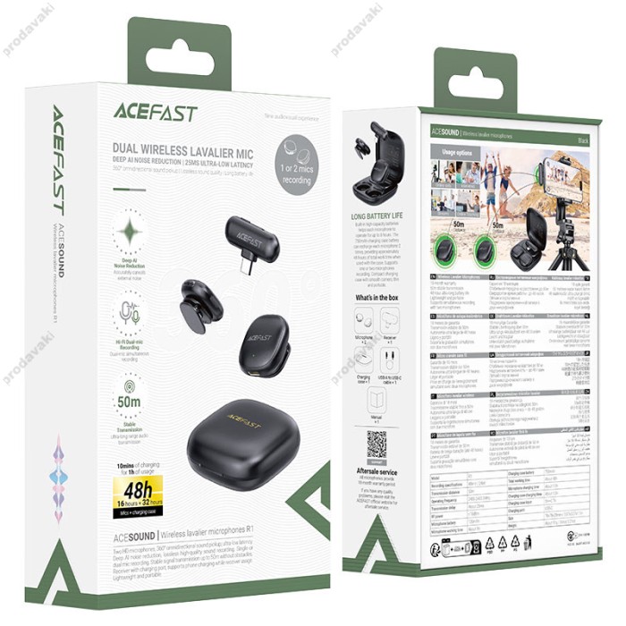 Бездротовий мікрофон ACEFAST R1 wireless lavalier microphones AI Type-C 2 мікрофона Black